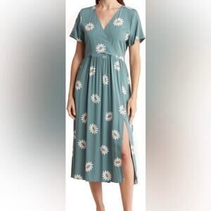 Madewell Women's Daisy Faux Wrap Midi Dress Size XL Green Front Slit